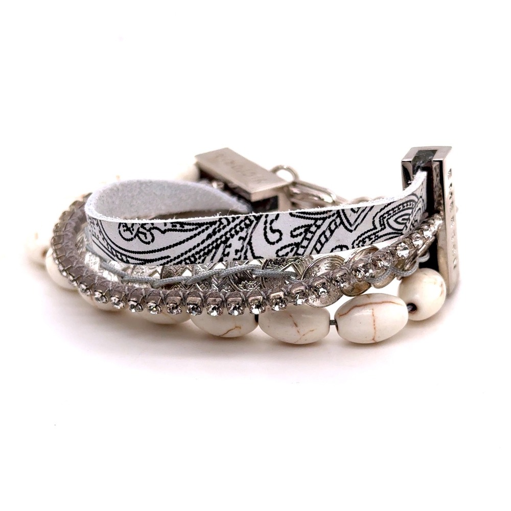 Victoria Emerson Boho Cuff Bracelet White Howlite Coins Paisley Leather Silver